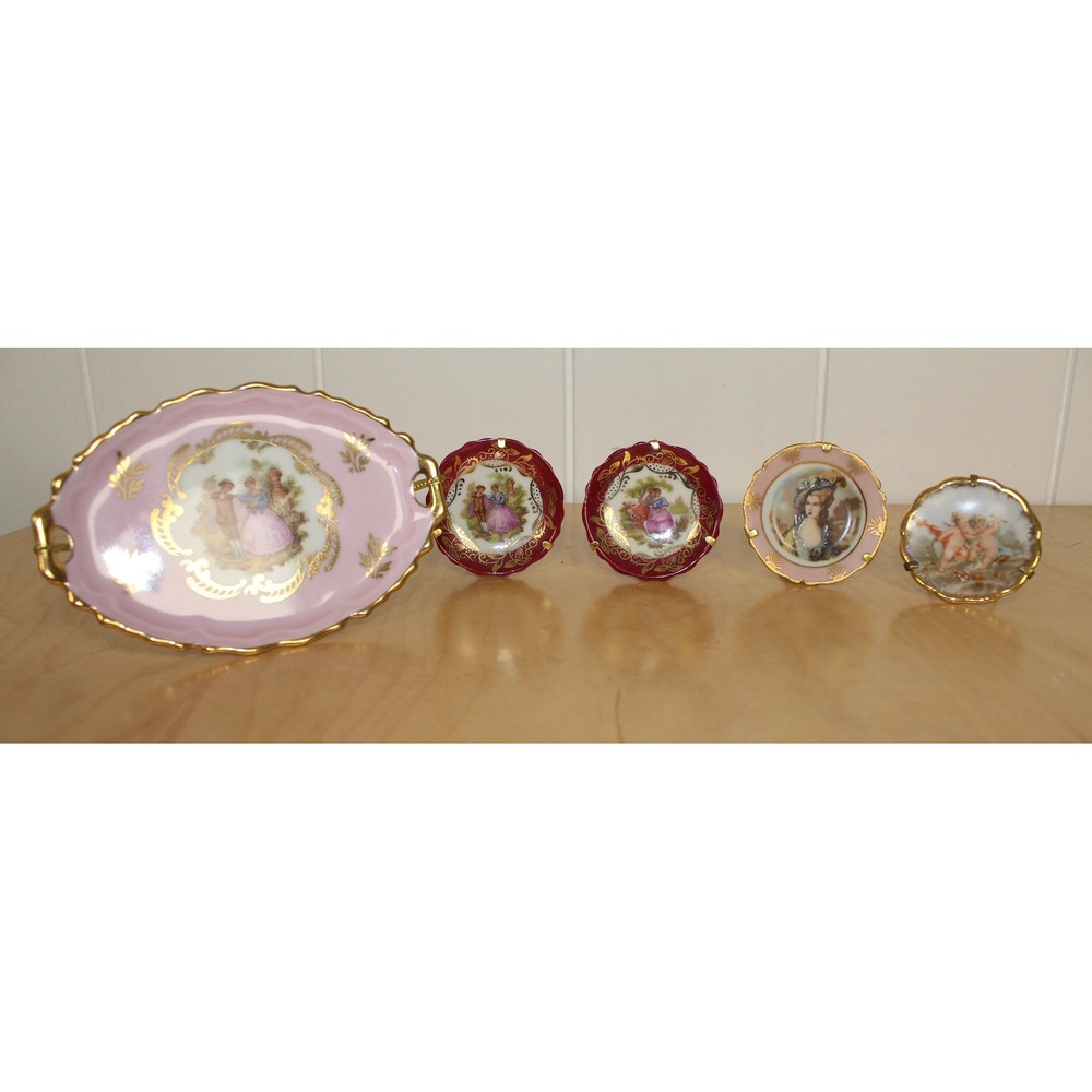 Vintage Miniature Limoges Porcelain Plate with Wire Stand and Platter with stand